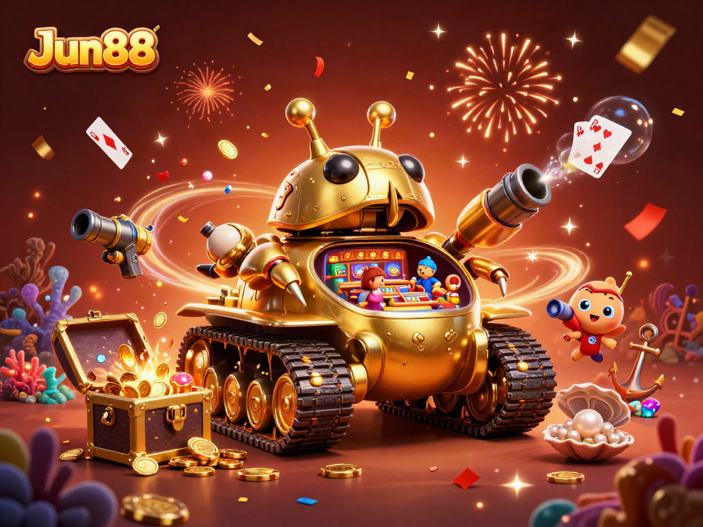 Experience the excitement of Jun88 casino with a vibrant 3D illustration showcasing dynamic gaming elements.