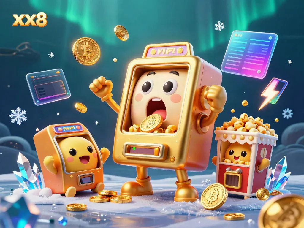 Experience the thrill of xx8 as a golden slot machine hits its jackpot with cheering companions.