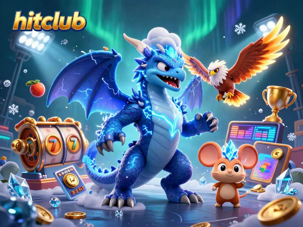 Betting and gaming activities with hitclub branding featuring dynamic 3D characters and vibrant casino elements.