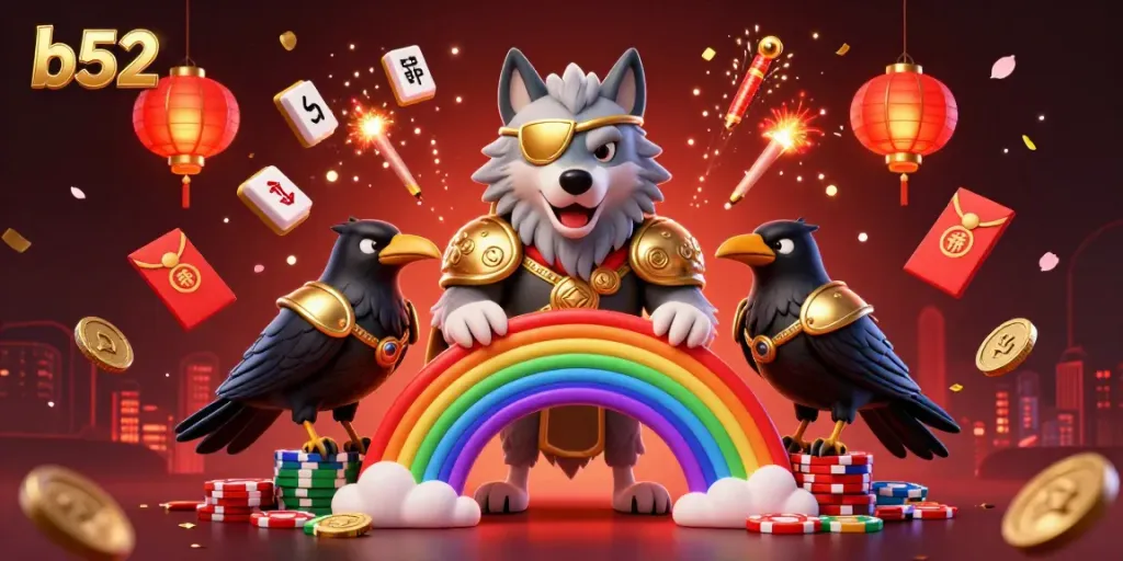 Engage with b52's vibrant scene featuring Odin and ravens amidst casino chips and dynamic gambling elements.