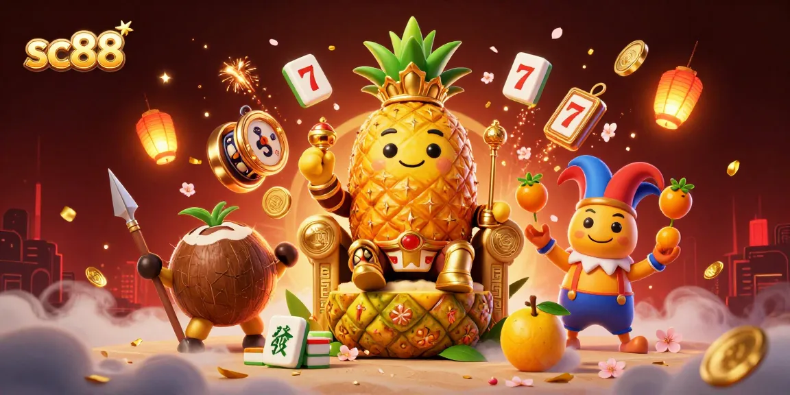 Play exciting games at SC88, featuring a golden pineapple king surrounded by vibrant casino elements.