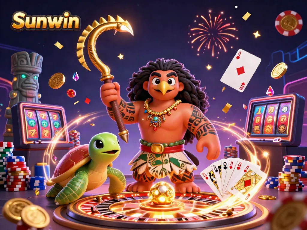 Engage with Sunwin's vibrant online casino atmosphere featuring dynamic characters amidst glowing gems and casino elements.