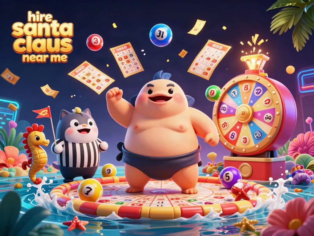 Engage in festive fun and hire Santa Claus near me with a vibrant, dynamic lottery-themed illustration.