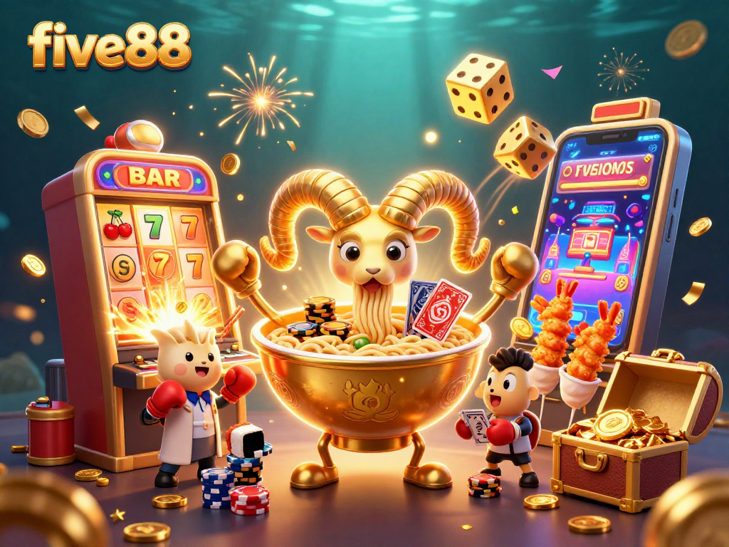 Experience excitement at five88 with a 3D illustration of a playful casino scene featuring a giant ramen bowl dealer and vibrant slot machine action.