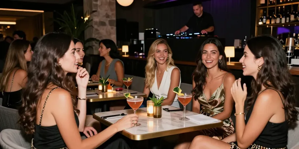 Karşıyaka escort women enjoying a lively night at a trendy lounge.