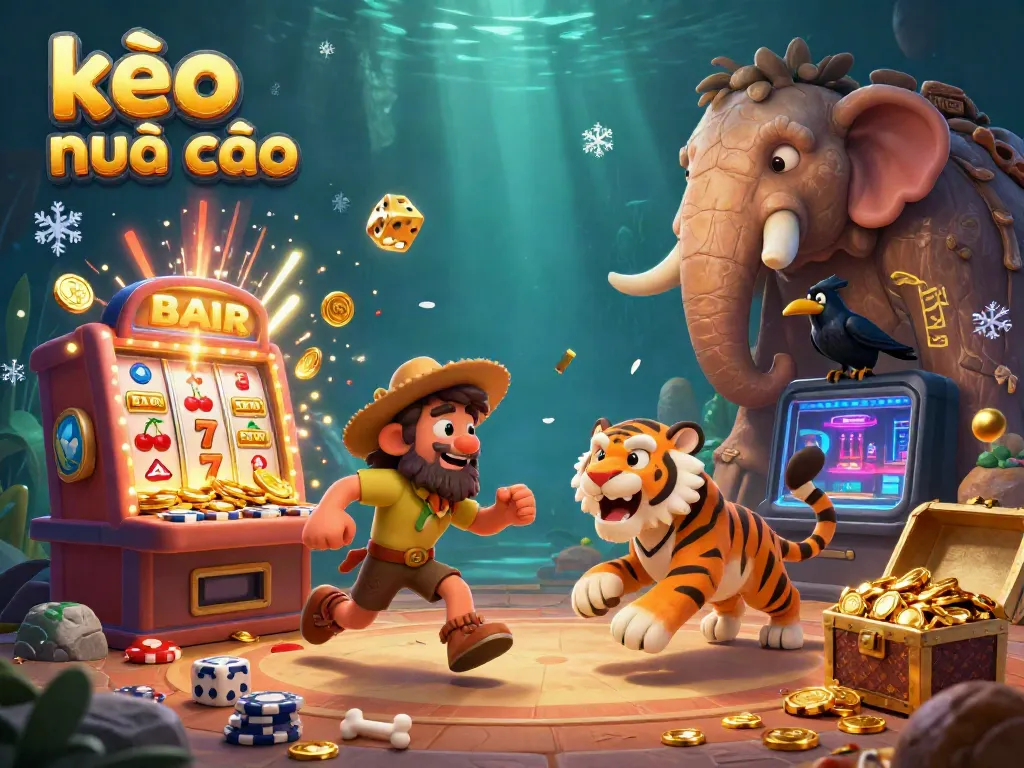 Experience kèo nhà cái excitement with a dynamic prehistoric casino scene featuring a caveman and sabertooth tiger.
