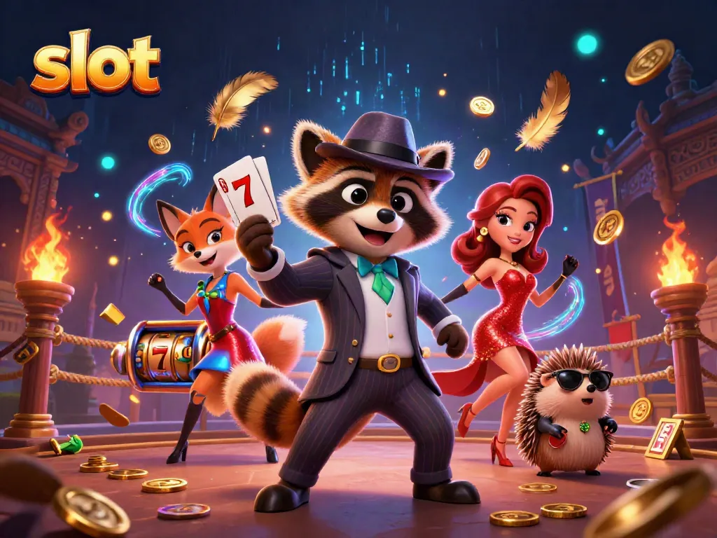 Experience thrilling slots with a suave raccoon and charming fox amidst dynamic casino elements.