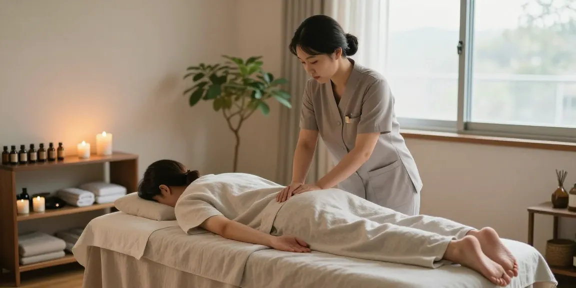 Relaxing 영등포출장마사지 scene with a Korean therapist in a calming home environment.