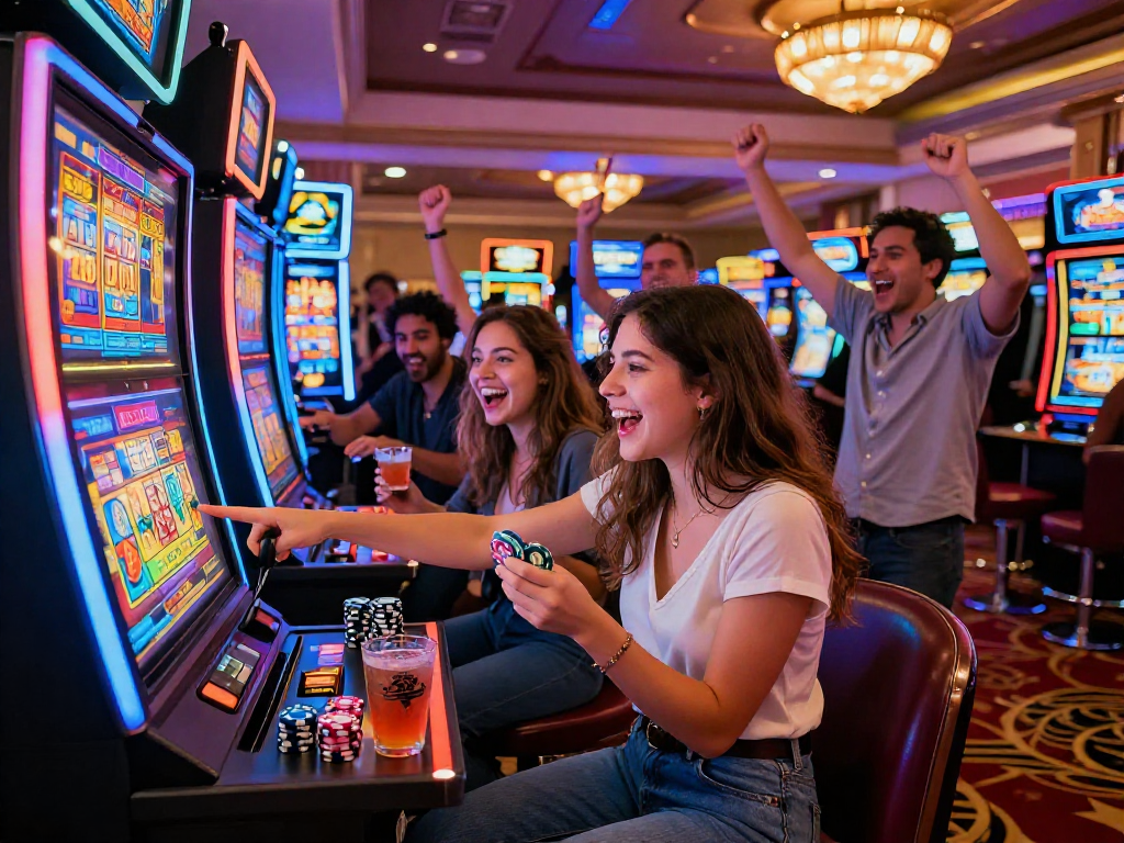 Group celebrating at a slot machine, capturing the excitement of hitting a slot jackpot in a lively casino.