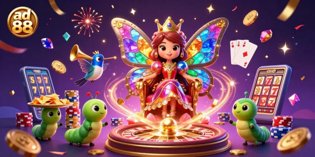 Play exciting games at ad 88 with a vibrant casino scene full of activity and color.
