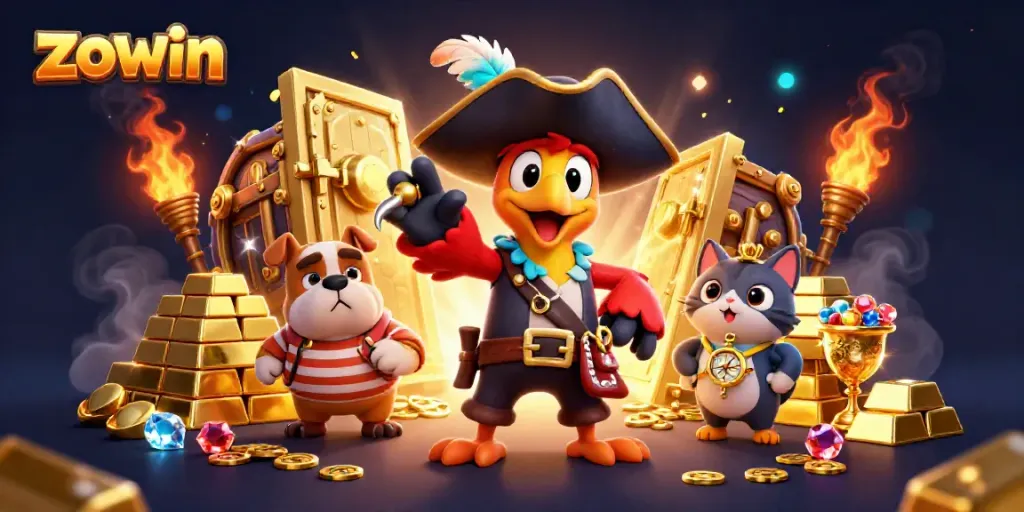 Zowin showcases a vibrant pirate-themed online gambling scene with dynamic characters and treasure.