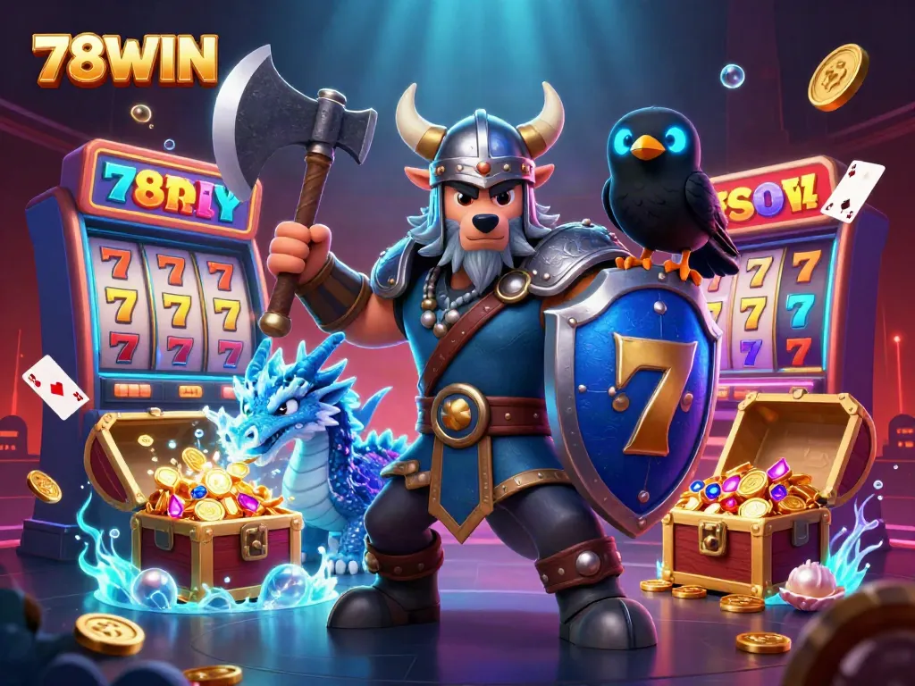 Experience thrilling gameplay at 78WIN with a cartoon Viking wolf warrior and dragon in a vibrant casino setting.