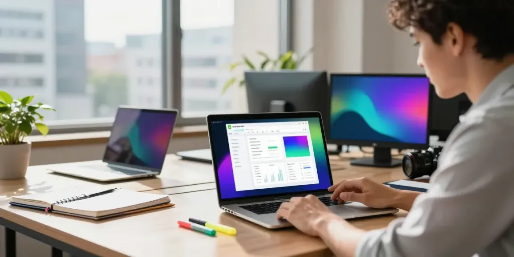 Specialist using instant indexing tools in a vibrant office space