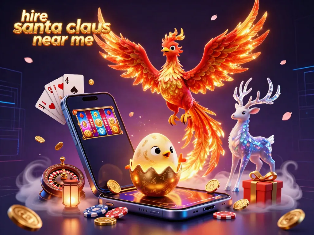 Experience the joy of hire santa claus near me with a festive 3D casino-themed scene showcasing characters and playful gaming elements.