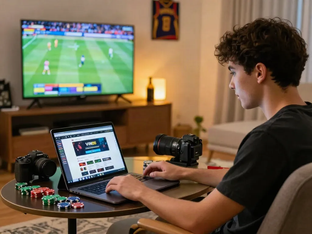 Enthusiast interacting with VIN88 online betting site in a modern home setting.