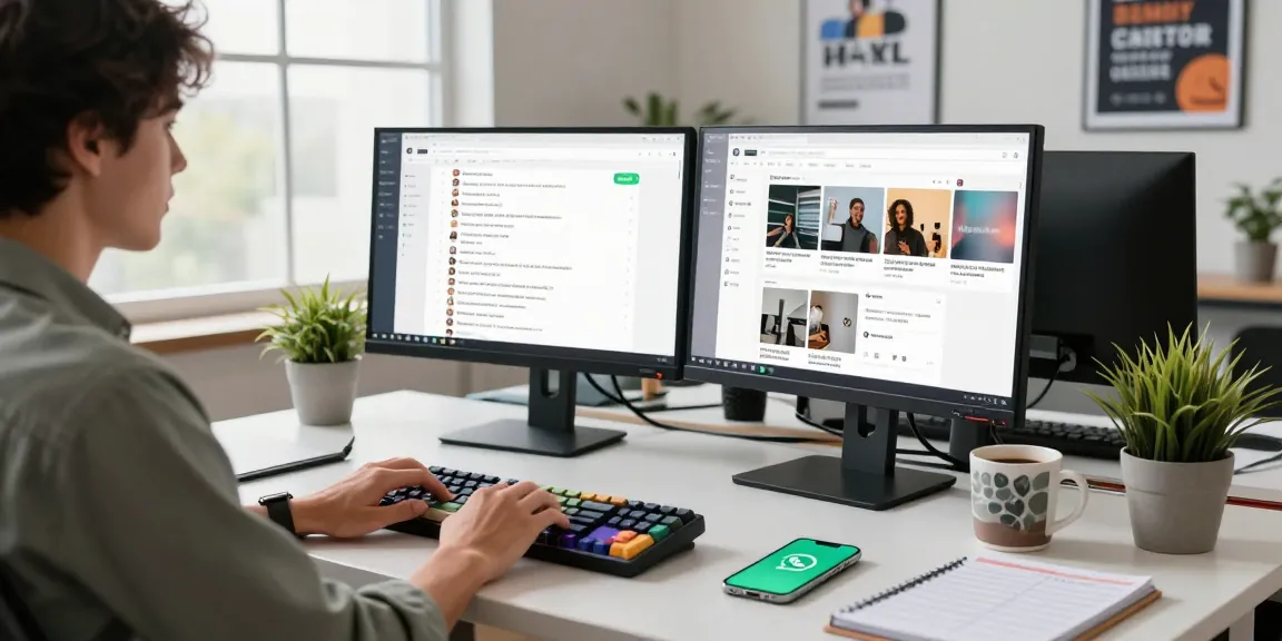 Professional workspace using WhatsApp網頁版 on dual monitors in a bright office.