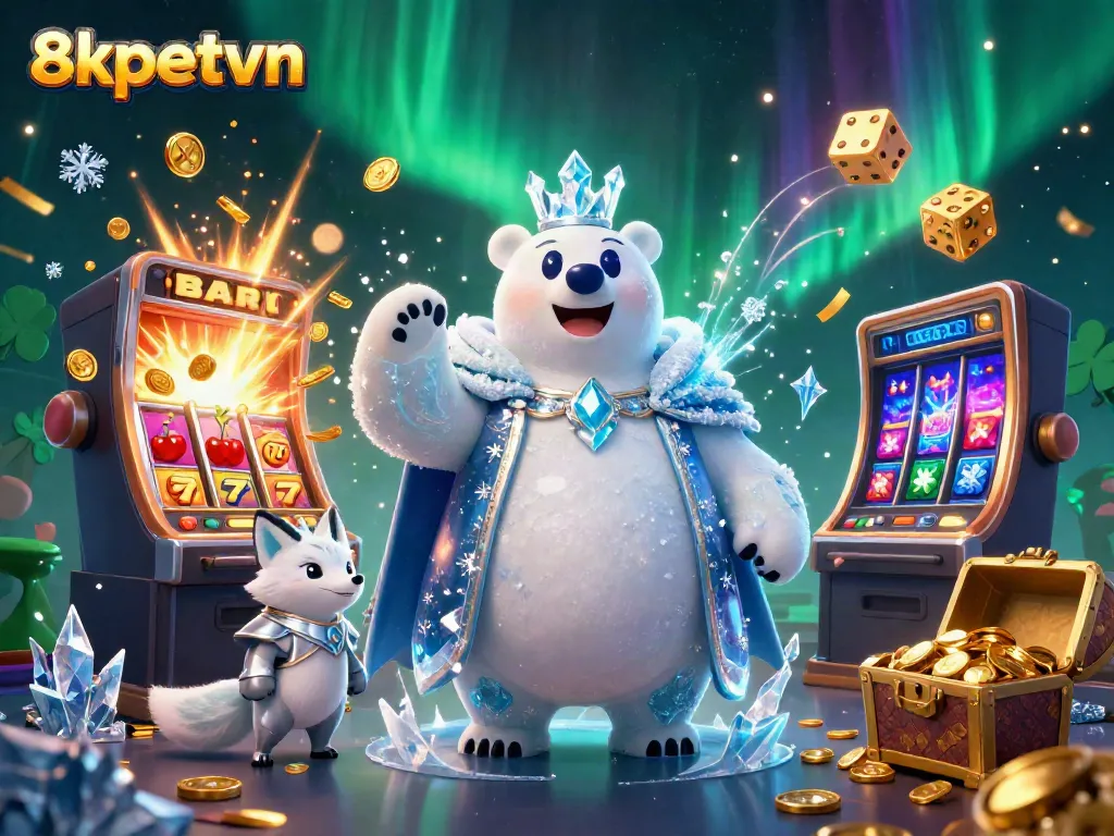 Experience the thrill of 8xbetvn with a vibrant illustration featuring a polar bear king, a slot machine, and diamonds, embodying the excitement of casino gaming.