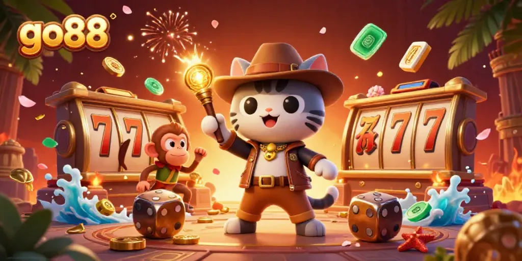 Join the exciting adventure at go88 as the explorer cat discovers hidden treasures in a vibrant casino temple.
