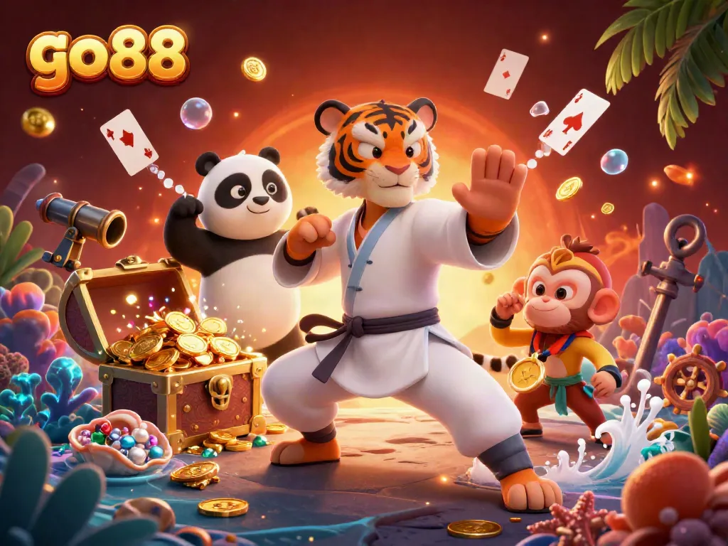 Experience the excitement of go 88 with a playful 3D scene featuring a kung fu tiger, panda, and monkey in a vibrant casino setting.