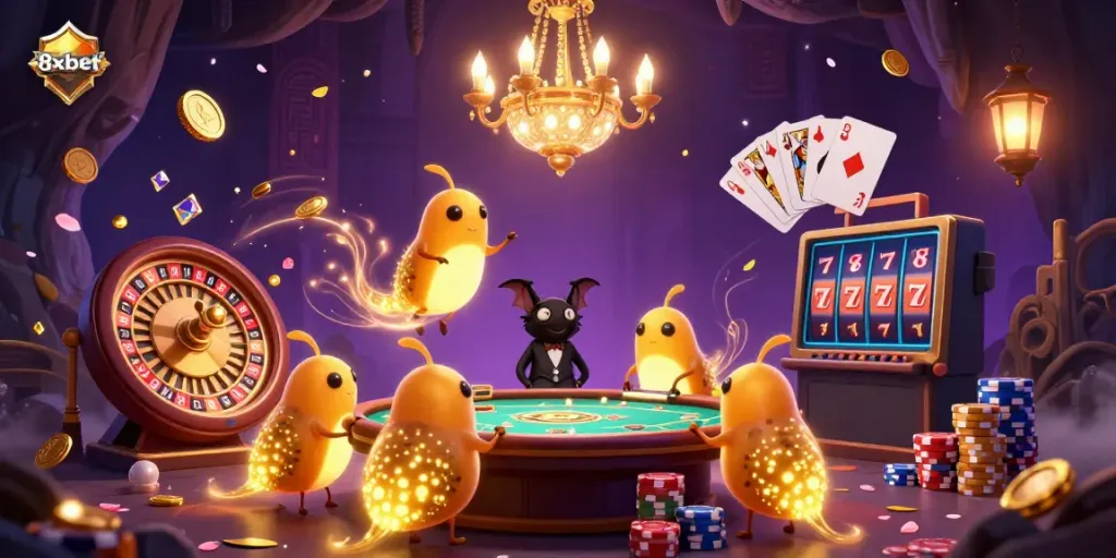Experience the thrill of 8xbet with glowworms lighting a vibrant cave casino scene.