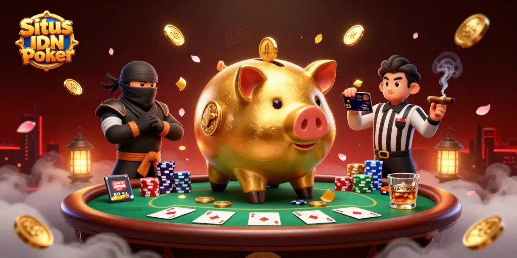 Experience the thrill of Situs IDN Poker with dynamic gameplay featuring a golden piggy bank sumo wrestler.