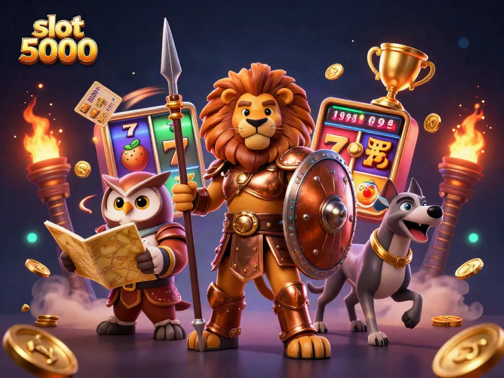 Play slots 5000 with thrilling jackpot chances and vibrant casino elements in a dynamic illustration.