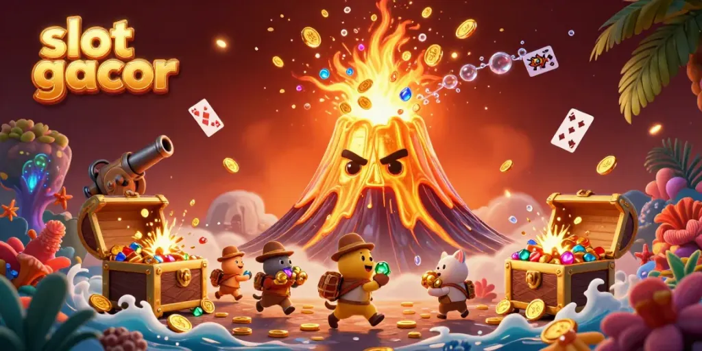 Play thrilling slot gacor games with vibrant illustrations of explosive jackpots and treasures.