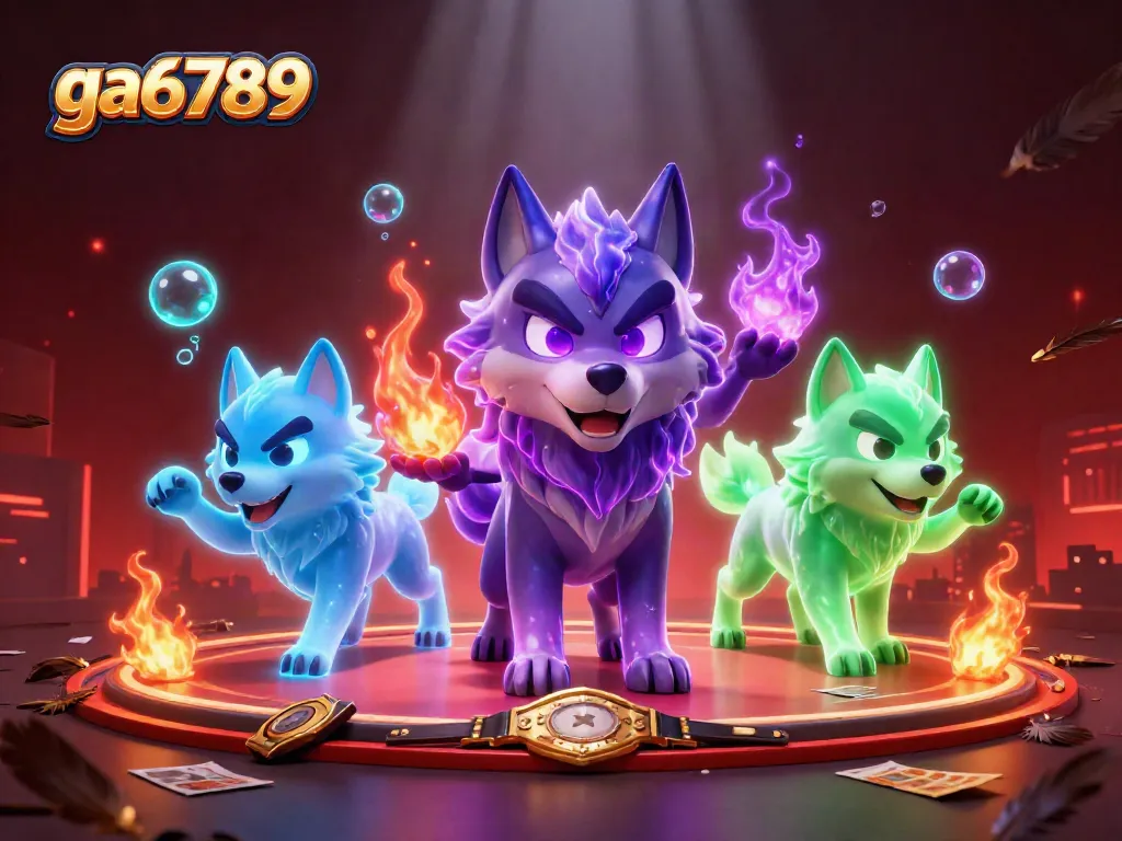 Experience the thrilling action of ga6789 as cartoon wolves battle in an exciting cockfighting arena.