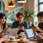 Friends exploring ai slut technology in a lively café with coffee and laptops.