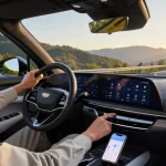 Cadillac Lyriq parked on mountain road; do the driving modes in cadillac lyriq offer different ranges or battery usages? highlighting different drive settings.