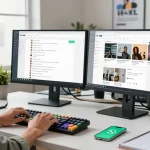 Professional workspace using WhatsApp網頁版 on dual monitors in a bright office.