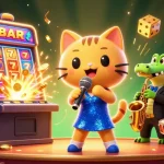 11M lively casino scene featuring a jazz-singer cat and musical friends celebrating a jackpot