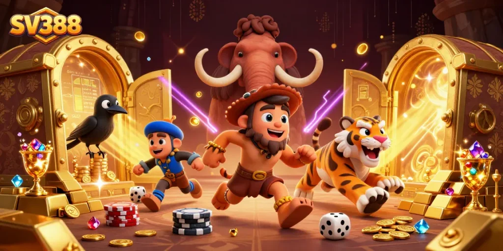 SV388 cockfighting scene illustrating action at a vibrant prehistoric casino with dynamic elements and characters.