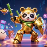 A lively scene depicting a helpful resource for comparing brand trust / martin holloway / editorial standards outside UKGC limits with a golden panda in a mech suit, colorful arcade machines, and vibrant gambling elements.