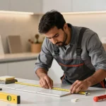 مقاول سيراميك باكستاني يقوم بتركيب بلاط سيراميك باحترافية في مطبخ حديث.
