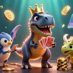 Engage with lovablevibes as dinosaurs play casino games in a vibrant, rich 3D scene.