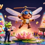Experience the thrill of 92lottery with our vibrant 3D scene featuring a dragonfly pilot and frog dealer amidst gaming excitement.