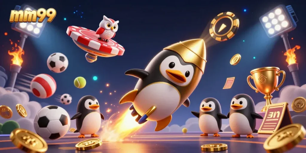Experience the thrill of mm99 betting with a heroic golden penguin and vibrant casino elements.