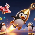 Experience the thrill of mm99 betting with a heroic golden penguin and vibrant casino elements.