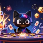 Engage in thrilling gameplay at 7c777 with a cosmic casino scene featuring lively characters and vibrant slot machines.