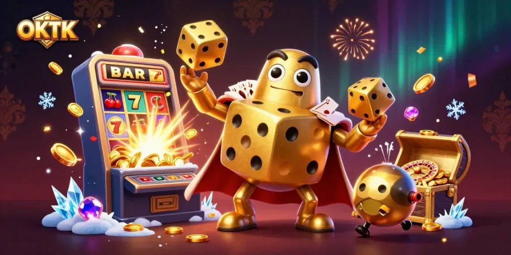 Join the excitement of OKTK with our 3D casino illustration featuring golden dice and lively game elements.