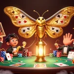 Experience exciting gameplay with rikvip's dynamic casino scene featuring a vibrant moth and lavish poker elements.