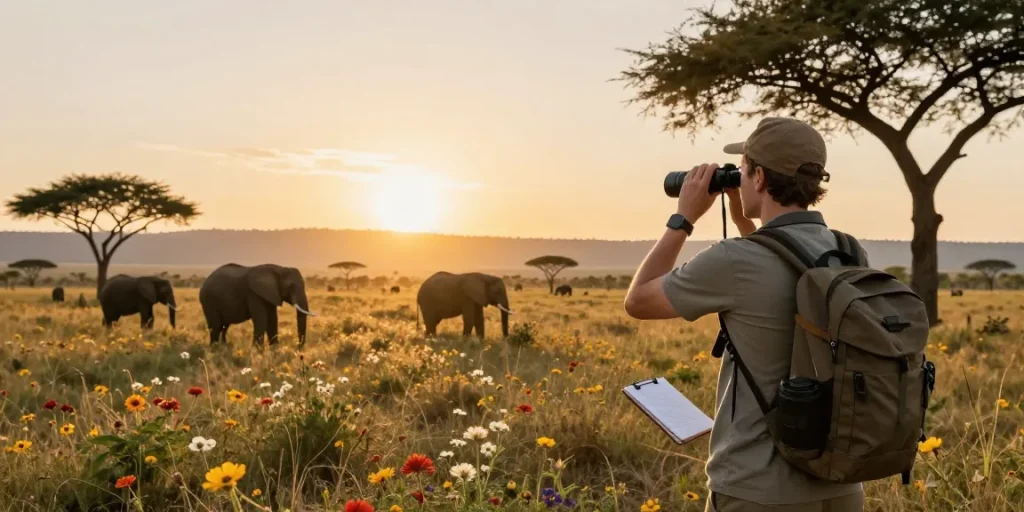 NAGA2000 traveler enjoying a sunrise safari at Kidepo Valley National Park, observing wildlife in stunning landscapes.