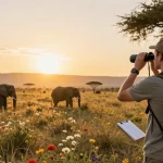 NAGA2000 traveler enjoying a sunrise safari at Kidepo Valley National Park, observing wildlife in stunning landscapes.
