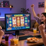Excited friends celebrating a big win at a slot gacor game in a cozy living room.