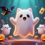 Experience the thrill of an online casino with a friendly ghost cat and vampire bat in a haunted mansion.