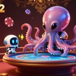 Engage with f8beta2's thrilling poker action featuring an octopus and robot in a dynamic cosmic setting.