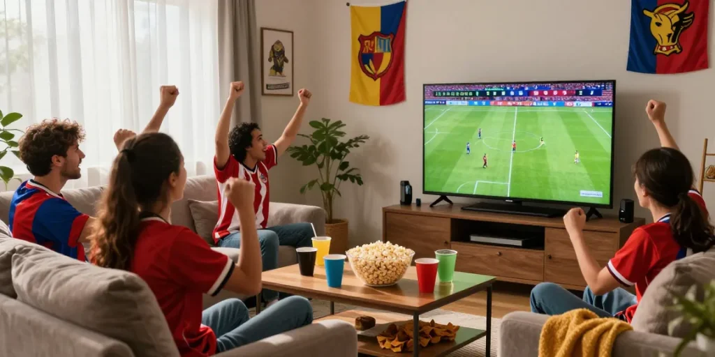 Friends enjoying a live football match at home, cheering together, visit website for live sports streaming updates.