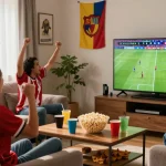 Friends enjoying a live football match at home, cheering together, visit website for live sports streaming updates.
