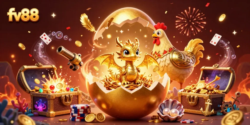 Experience the thrill of winning at fv88 with a dazzling scene of a golden dragon and treasure.